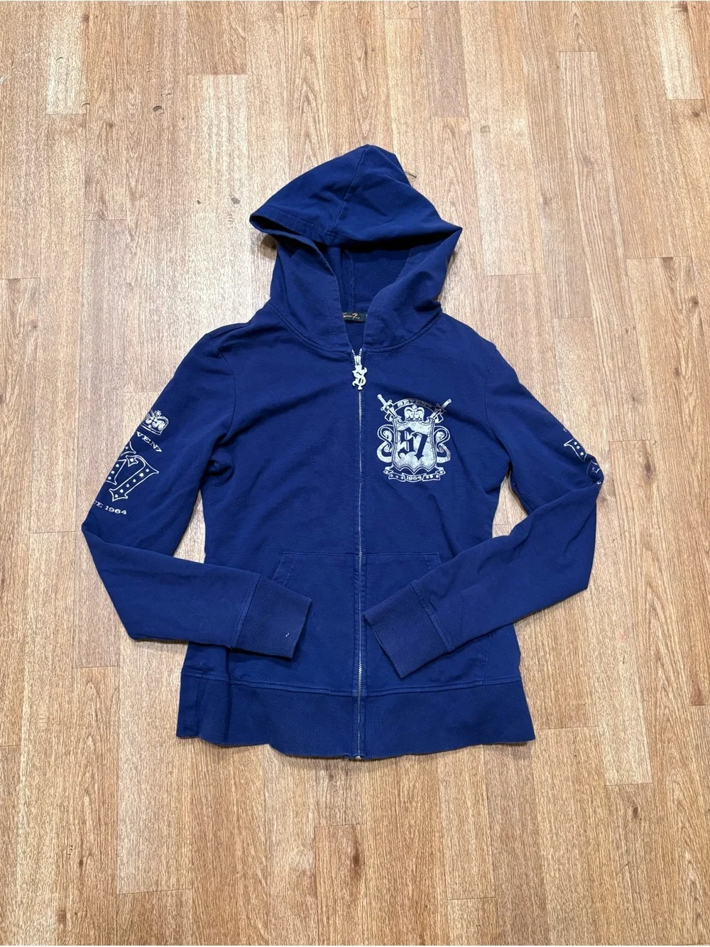 Seven7 Navy Blue Zip-Up Hoodie with Crest